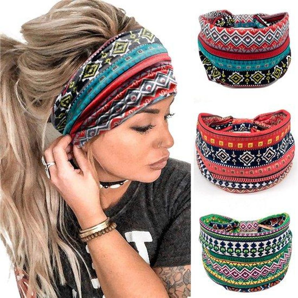 3 Stück gedruckte Sportbanden, weite elastische Sporttouren, geknöpfte Antislip Haarbänder für Yoga, Laufen, Sport, Training, Boho Sporttouren,...