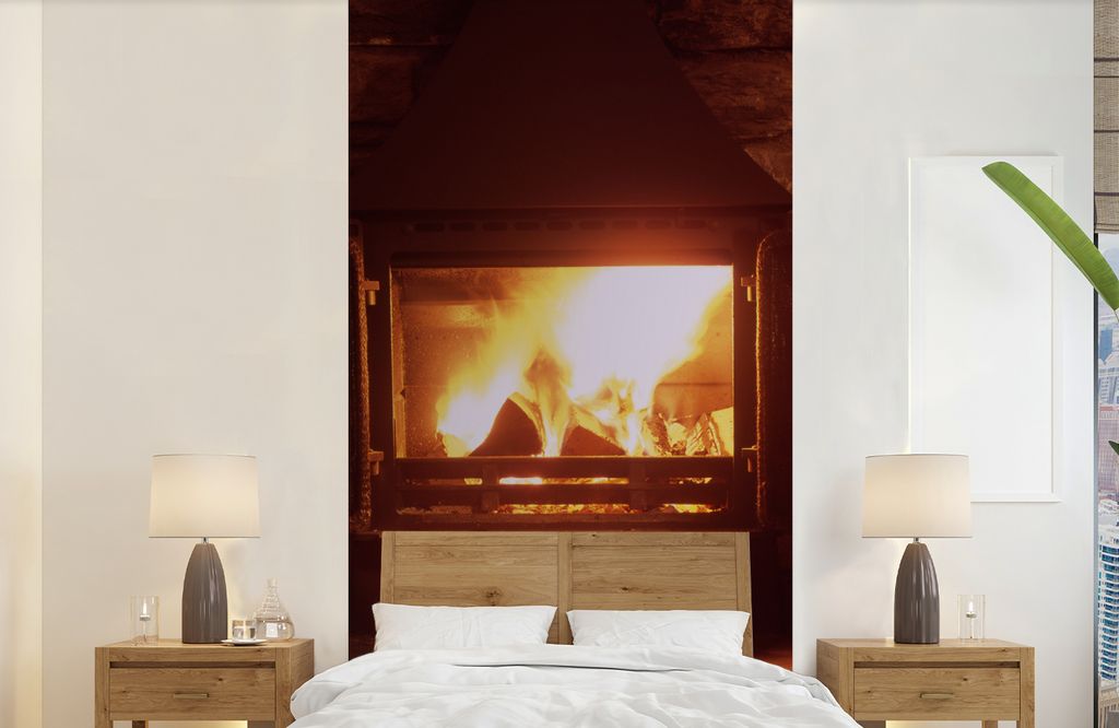 MuchoWow Fototapete für Wohnzimmer oder Schlafzimmer Wandtapete Vinyl Motivtapete Kamin mit offener Tür - 120x240 cm - Hintergrundbild