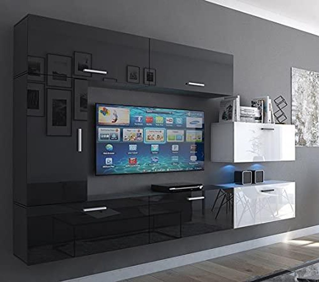 Furnitech Wohnwand Wohnzimmer - Wohnzimmer Möbel mit LED Weiß - Hängend Wohnwand Modern - Regale und TV Schrank (Future C10/HG/BW4 1B)