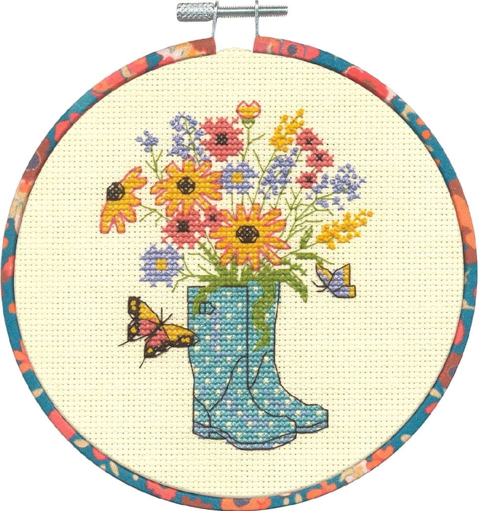 Dimensions Kreuzstich Stickpackung mit Stickrahmen "Blumenstiefel", Zählmuster, Diam. 15,2cm