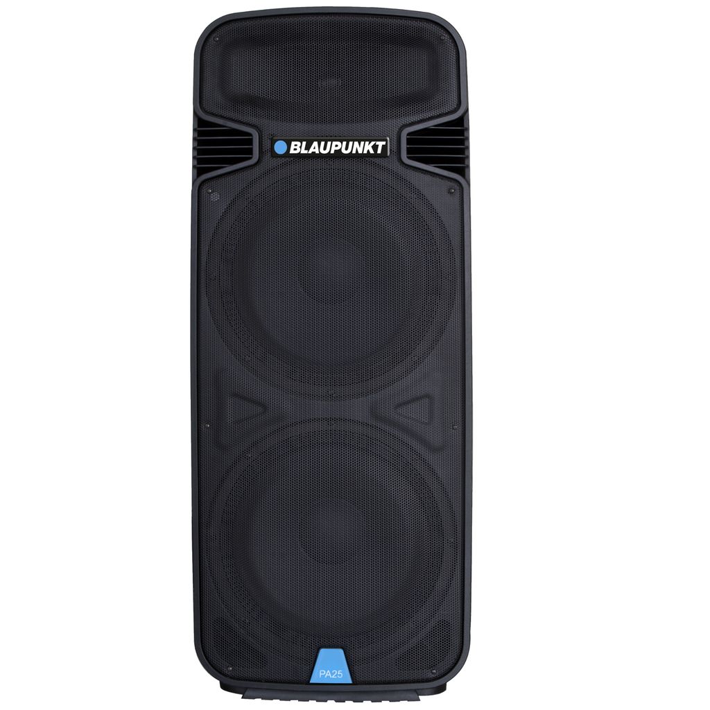 A black Blaupunkt PA25 portable speaker with two large speaker cones and a smaller speaker at the top, set against a white background.