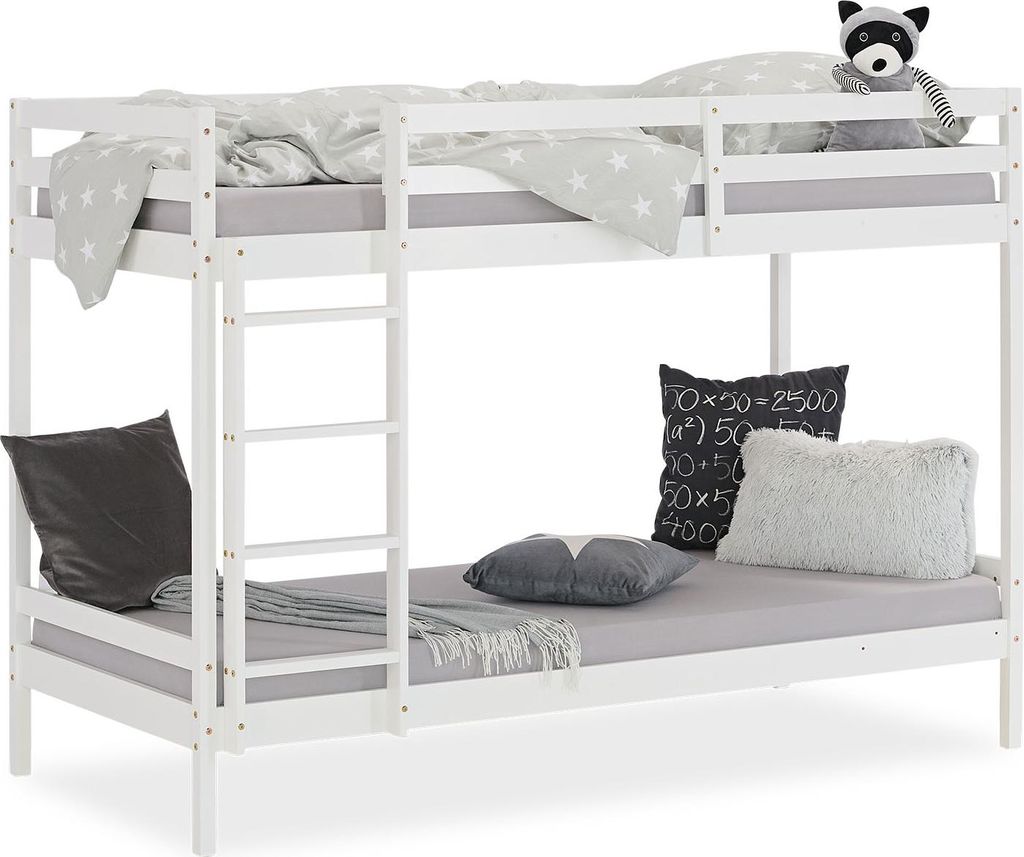 A white bunk bed with bedding and pillows.