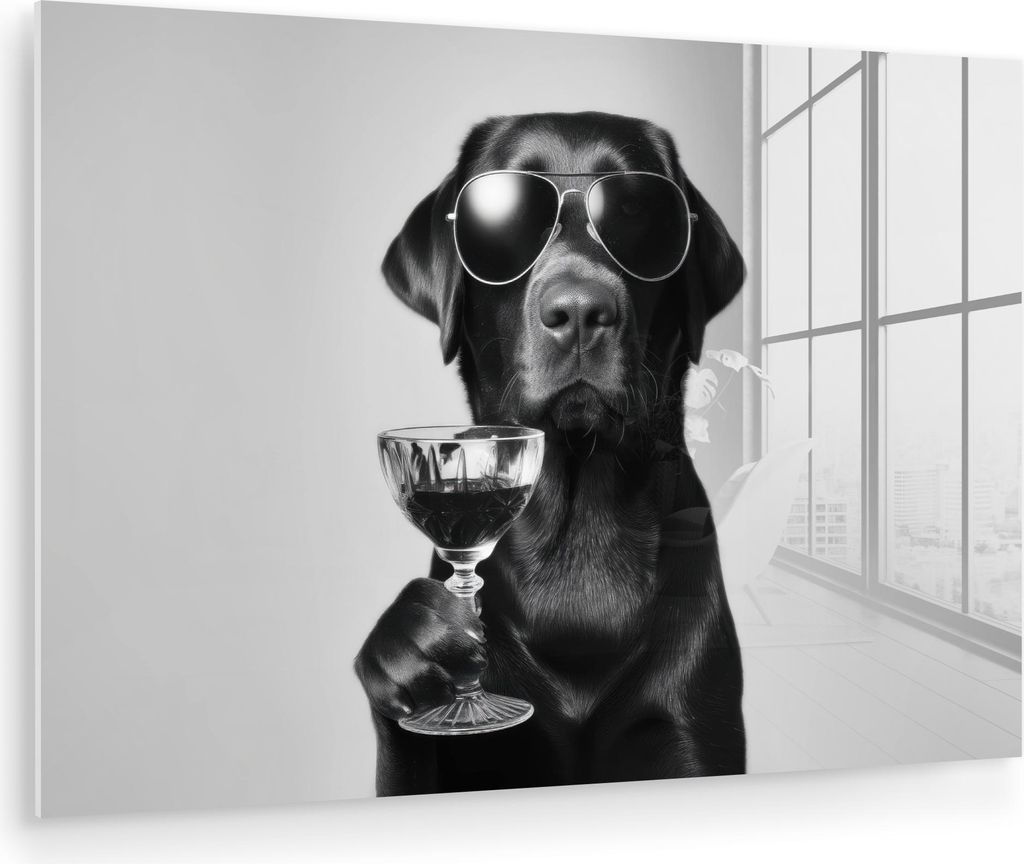 MuchoWow Glasbilder - Bilder auf Wandbild - Foto auf Glas Hund - Schwarz - Weinglas - Sonnenbrille 30x20 cm Wanddekoration aus Glas - Acrylglasbild...