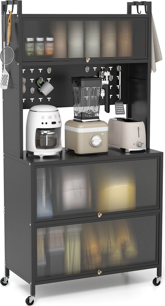 A kitchen organizer rack with various appliances and storage compartments.