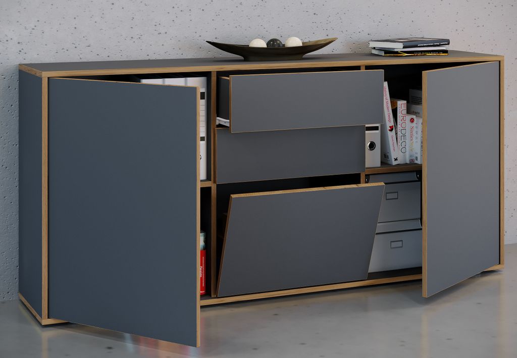 VCM Holz Kommode | Sideboard mit Drehtüren, Schubladen und einer Klappe | Büromöbel | Maße ca. H. 74 x B. 160 x T. 33cm - Salia