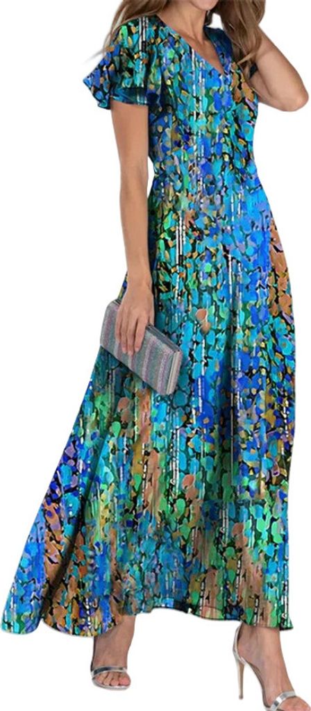 ASKSA Damen Sommerkleid Blumendruck Lang Ruesche Kurzarm V Ausschnitt Strandkleider Boho Beach Midikleid Freizeitkleid (Bunt,S)