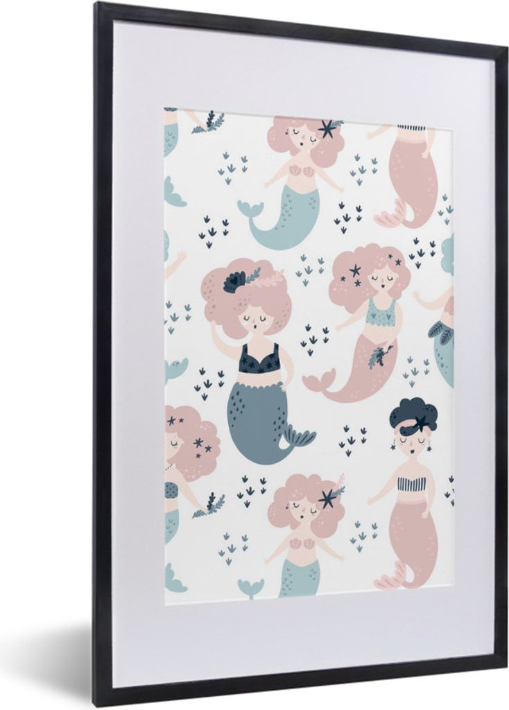 MuchoWow MuchoWow Gerahmtes Poster Meerjungfrau - Schnittmuster - Kinder - Mädchen - Baby 40x60 cm - Poster mit zchwarzem Bilderrahmen - Poste...