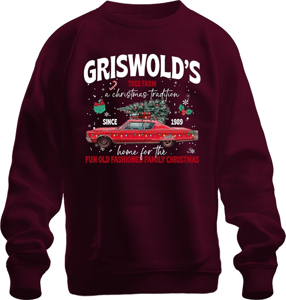 Griswold's Tree Farm a Christmas Tradition Vintage Car Uni Sweatshirt Pullover, Burgundy, XXL