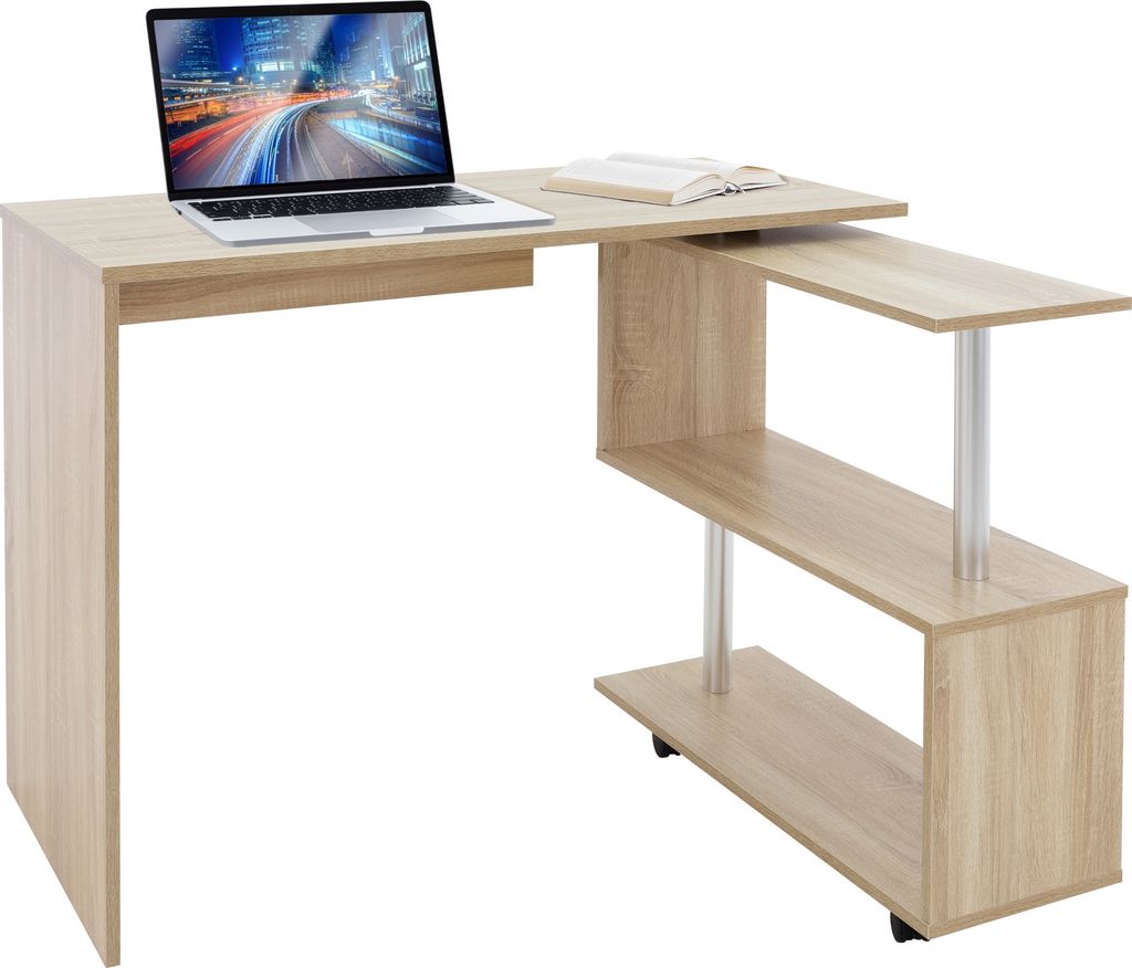 A light wood-colored L-shaped desk with shelves and a laptop on it.