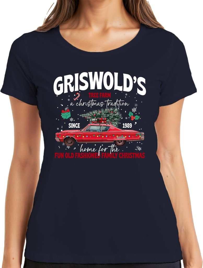 Griswold's Tree Farm a Christmas Tradition Vintage Car Damen T-Shirt, Navy, XXL