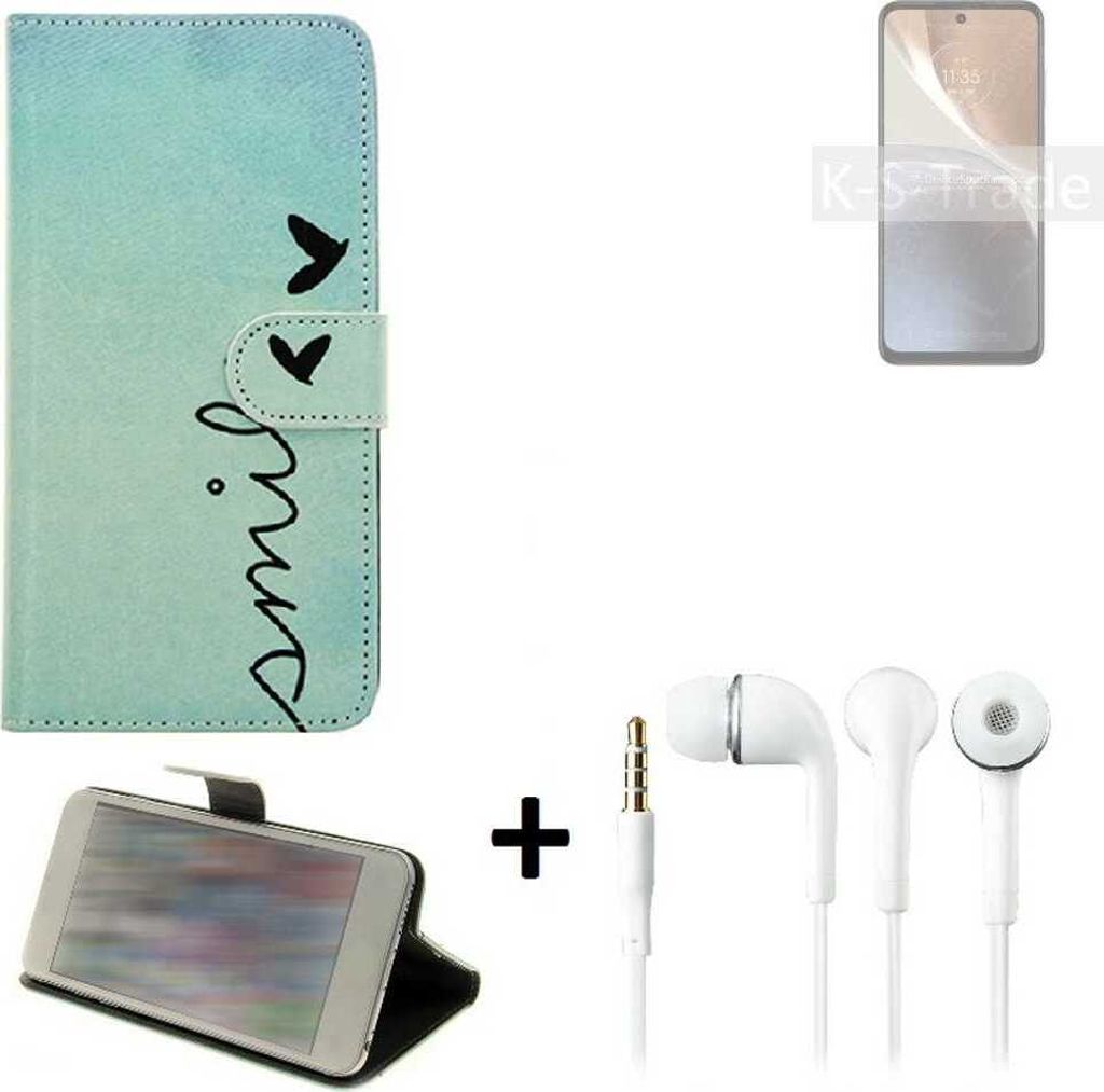 K-S-Trade Schutz Hülle Handy Hülle kompatibel mit Motorola Moto G32 360° Wallet Case Schutz Hülle ''smile'' inkl. Ohrstöpsel Smartphone cover