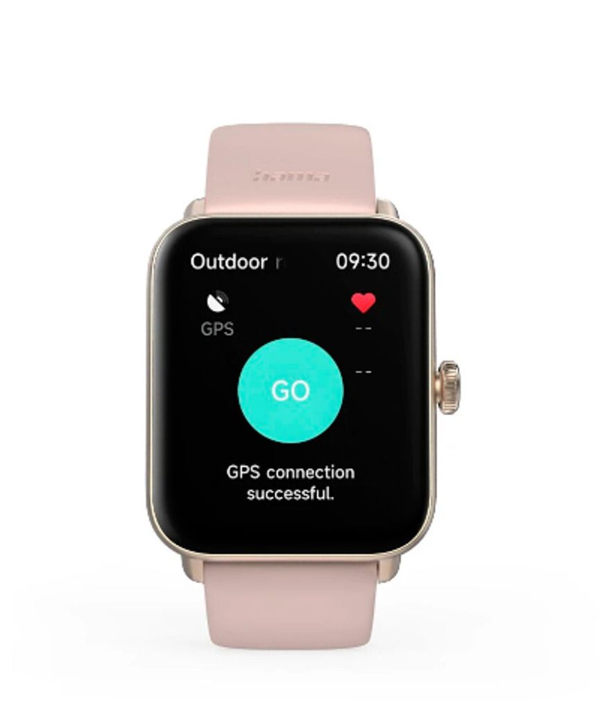 A smartwatch with a pink band and gold casing is displayed against a white background. The watch face shows an outdoor activity screen with GPS connection successful.