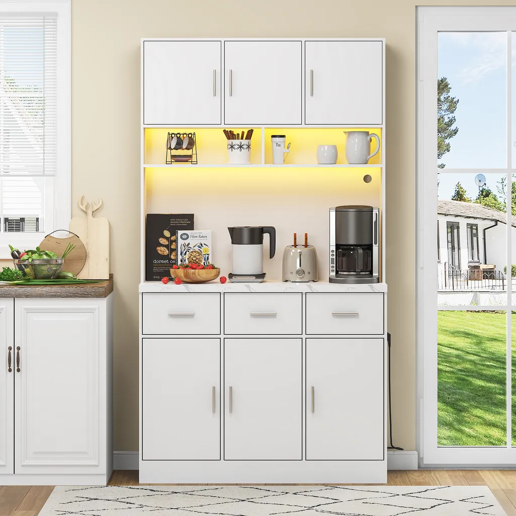 Meuble de Rangement Cuisine 100cm - Buffet Haut avec USB et Lumière LED
