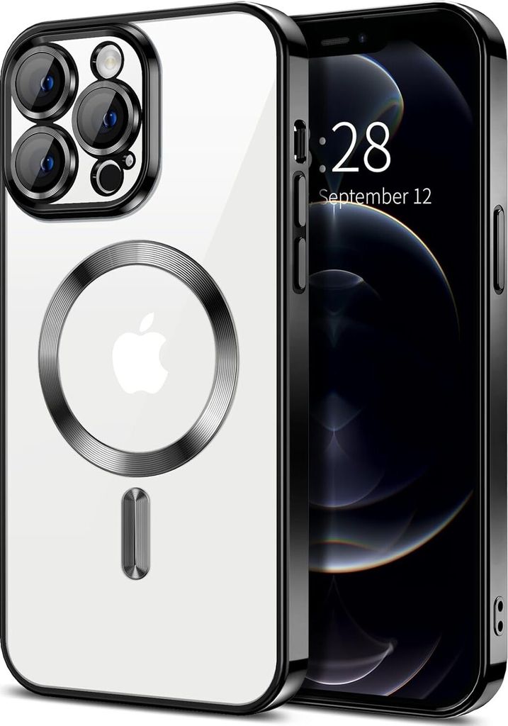 Magnetische Klar Hülle für iPhone 12 Pro Max, Kompatibel mit MagSafe, Elektroplattiert Handyhülle mit Kameraschutz Schwarz