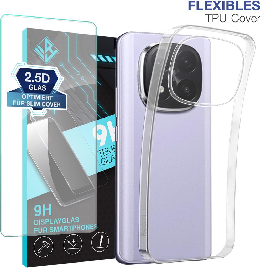 Handyhülle für Xiaomi Redmi Note 14 Pro+ 5G mit 9H Displayglas Displayschutz Hülle Transparent Flexibel Elastisch Case Cover Backcover Schutzhülle