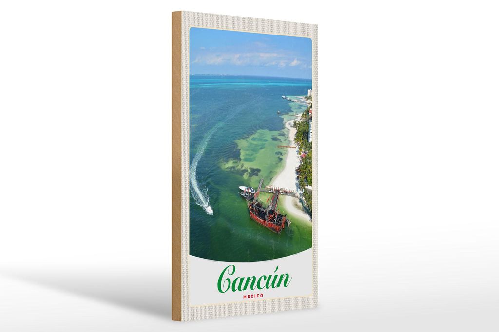 Holzschild Reise 20x30cm Cancun Mexiko Strand Meer Schiffe