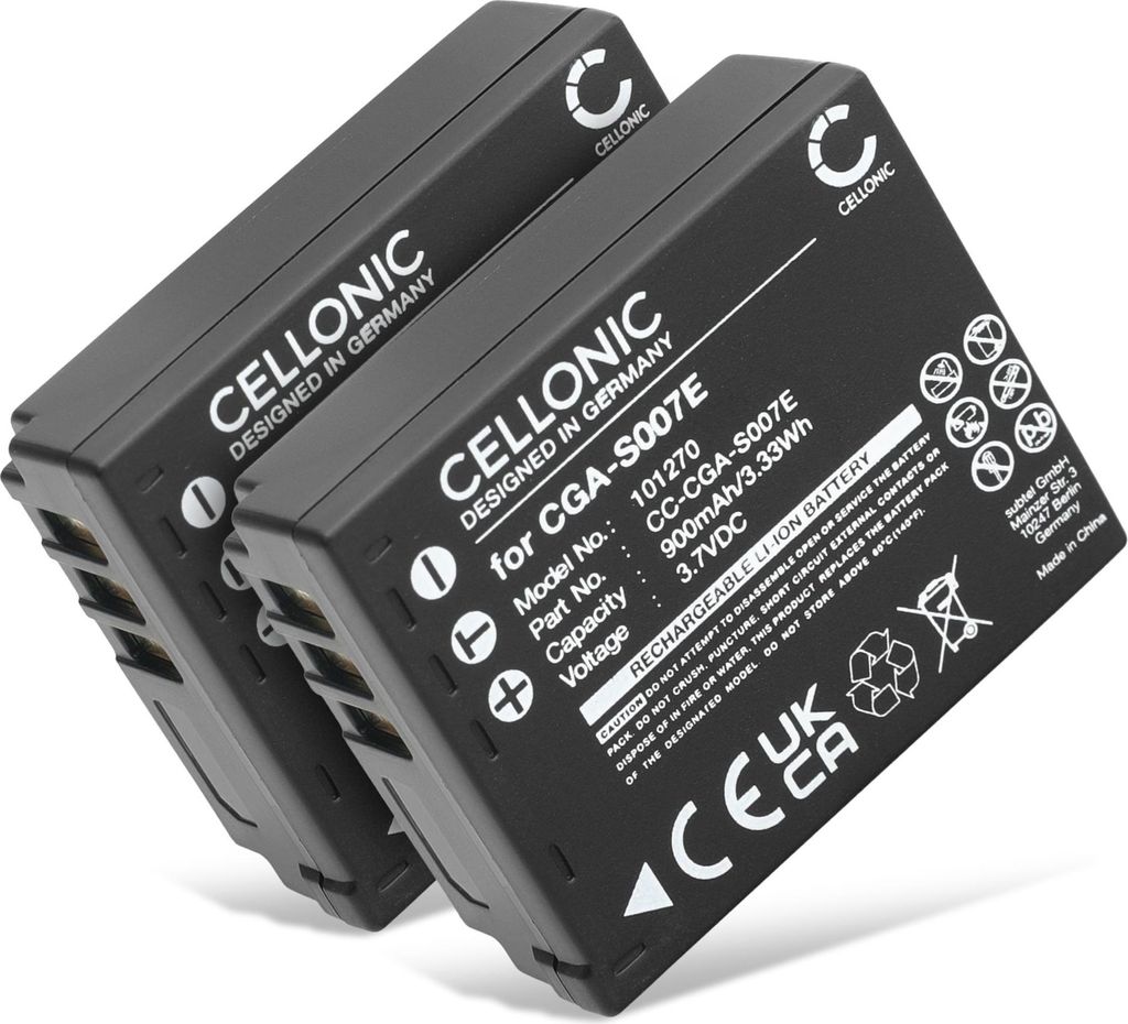 CELLONIC 2x Akku für Kamera Kompatibel mit Panasonic Lumix DMC-TZ5, Lumix DMC-TZ3, Lumix DMC-TZ4, CGA-S007 - (900mAh, 3.7V)