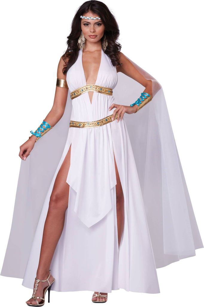 A woman modeling a white goddess costume with gold accents and a sheer cape.