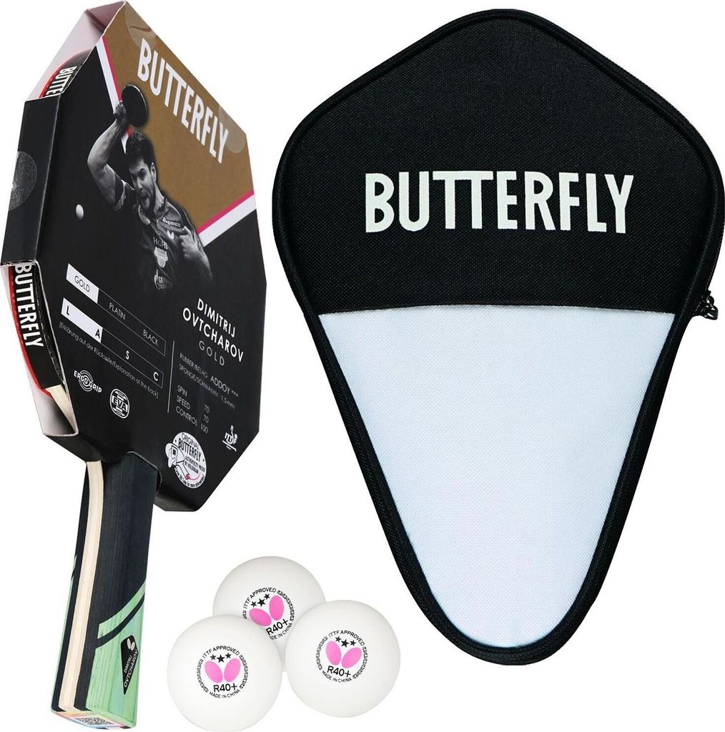Butterfly 1x Dimitrij Ovtcharov Gold Tischtennisschläger + Tischtennishülle + 3x 40+ 3*** Tischtennisbälle