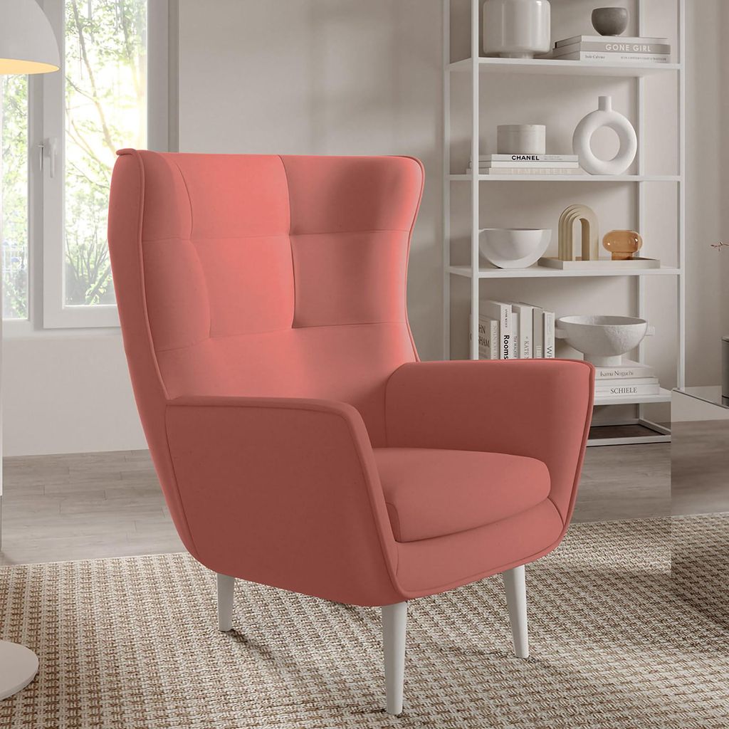 Sessel Franco Polstersessel, Einzelsessel mit Rückenlehne für Wohnzimmer und Esszimmer, bequemer Sessel, weiße Holzfüße – Stoff Castel 55
