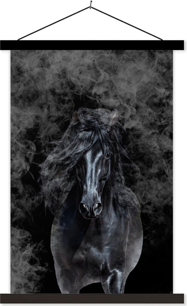 MuchoWow Textilposter Pferd - Schwarz - Smoke 60x90 cm mit schwarzem Rahmen - Poster Wohnzimmer