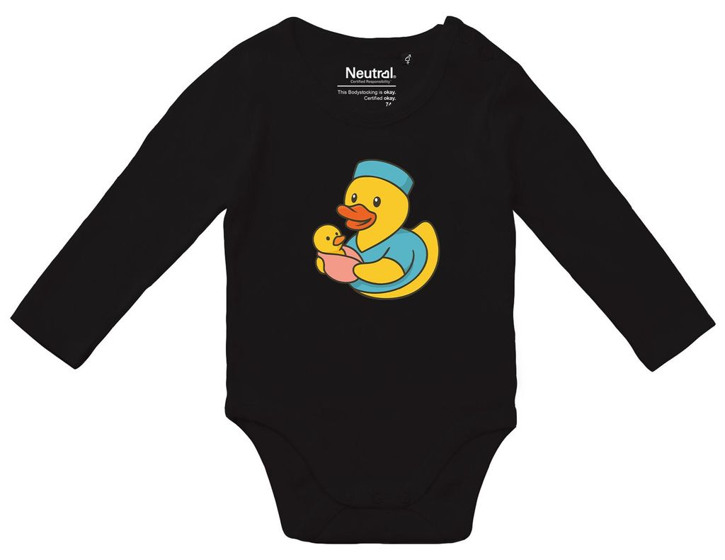 Huuraa Baby Body Quietscheente Hebamme Comic Gummiente 68 Black Baumwolle Fairtrade Langarmbody Geschenkidee