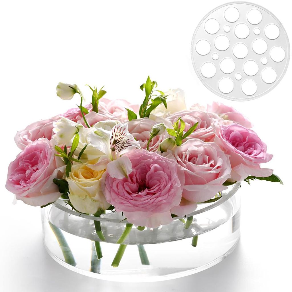 Vasen, Acryl Blumenvase 20cm, Kreisförmige auslaufsichere klare Acryl niedrige Vase mit 16+5 Löcher - Low-Profile-Zylinder floralen Mittelstück