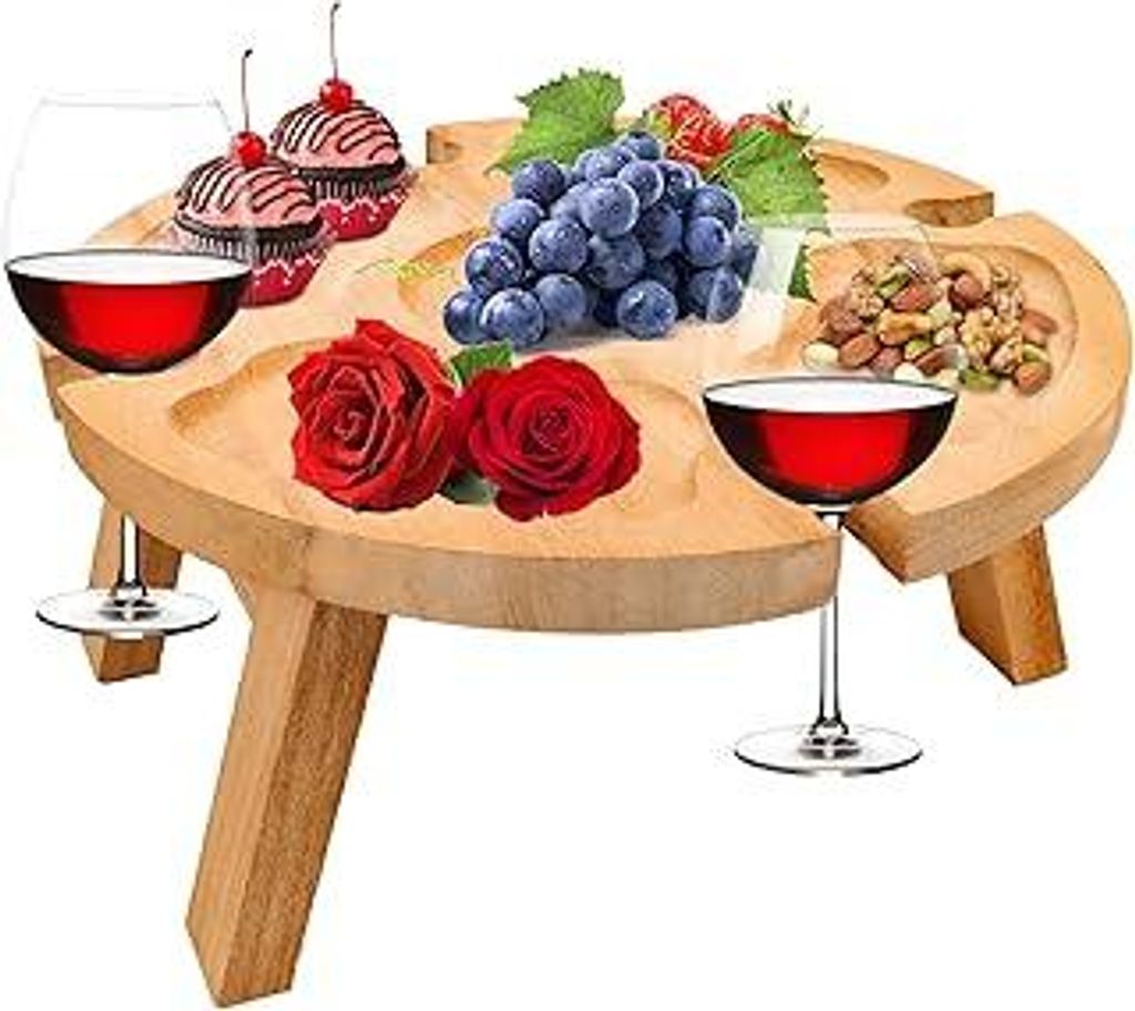 Klappbare Weintisch - Klappbarer Picknicktisch aus Holz, Outdoor Weintisch Klappbar, mit Rotweinglashalter, Picknicktisch Klappbar Tragbar, für Ga...