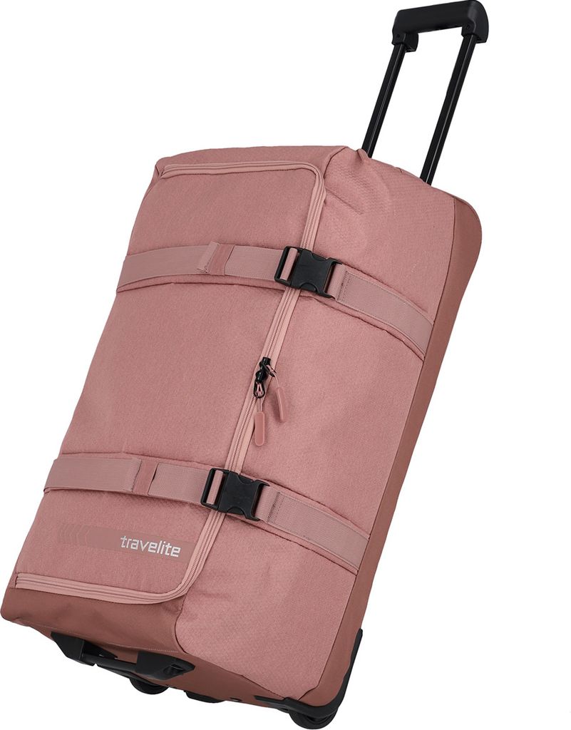 A pink rolling suitcase is shown against a white background.