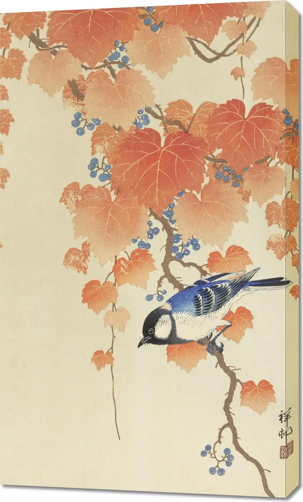 Grand tableau japonais vintage, 60x100 cm Mésange sur branche, salon