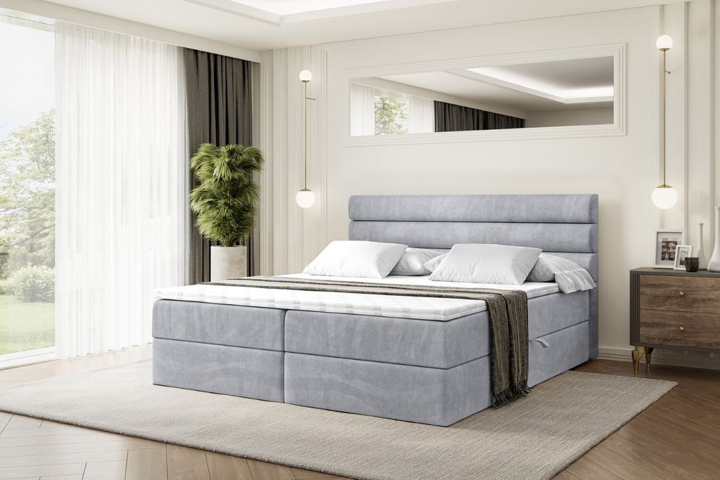 ALTDECOR Boxspringbett mit H4 Matratze und Topper - 180 x 200 cm - CELESTIA - Hellgrau Samt - Polsterbett mit Bettkasten und Lattenrost, Bett mit S...