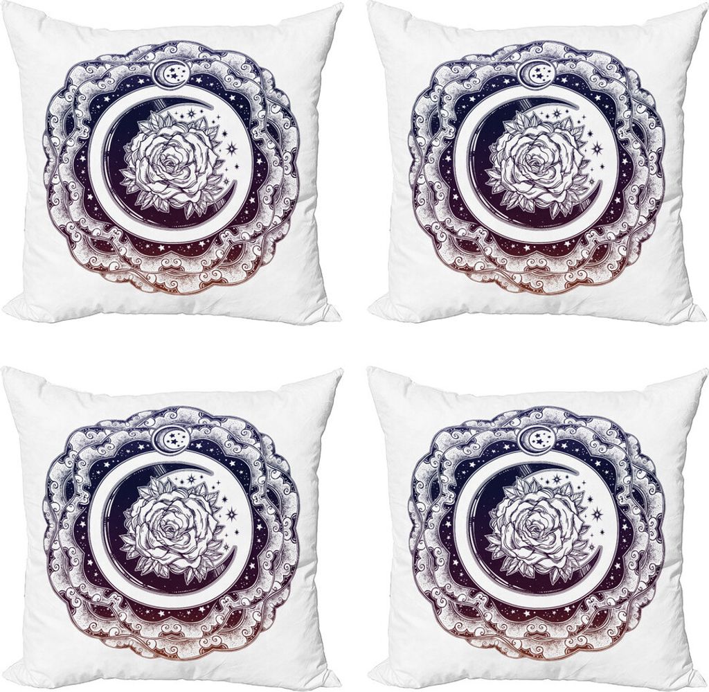 ABAKUHAUS Stern-Mandala Kissenbezug Set (4 Stück), Eastern Crescent Moon, Moderner Doppelseitiger Digitaldruck, 40 cm x 40 cm, Indigo Weiß