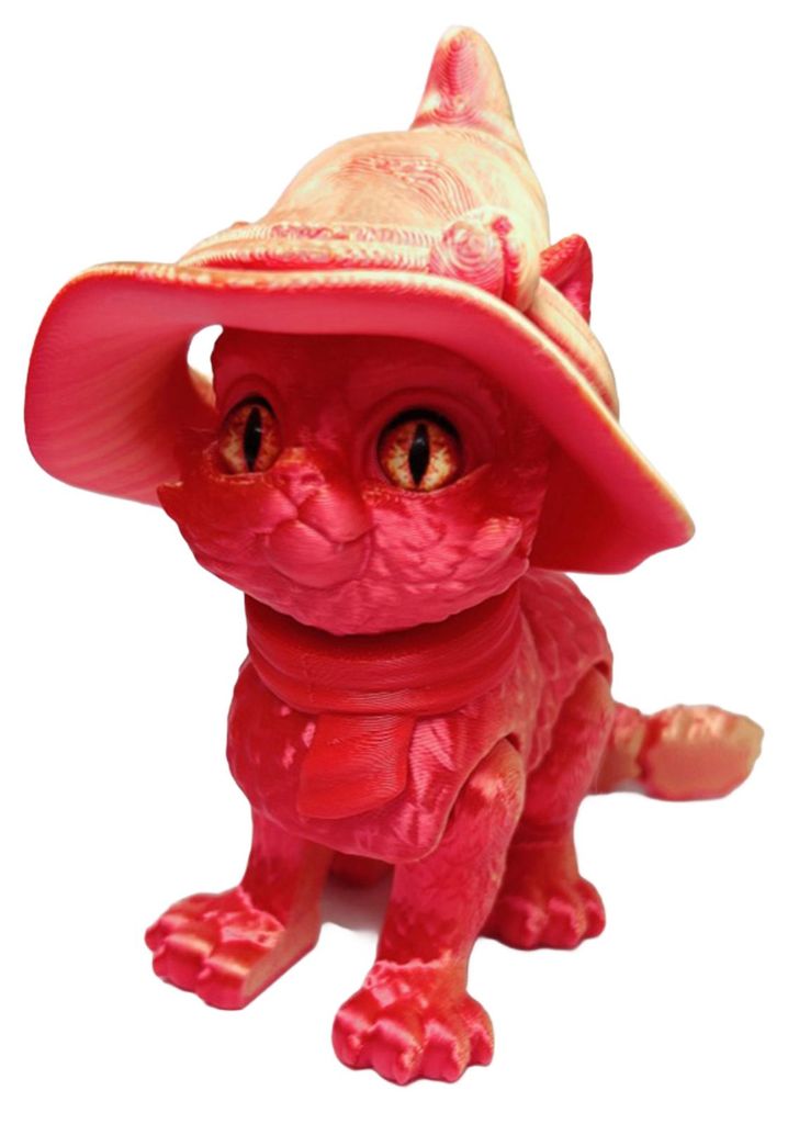 3D-gedruckte, bewegliche Katze mit Zauberhut, rotem Schal und großen Augen – ein Katzen-Fidget-Spielzeug mit flexiblen Gelenken zur Stressbewäl...
