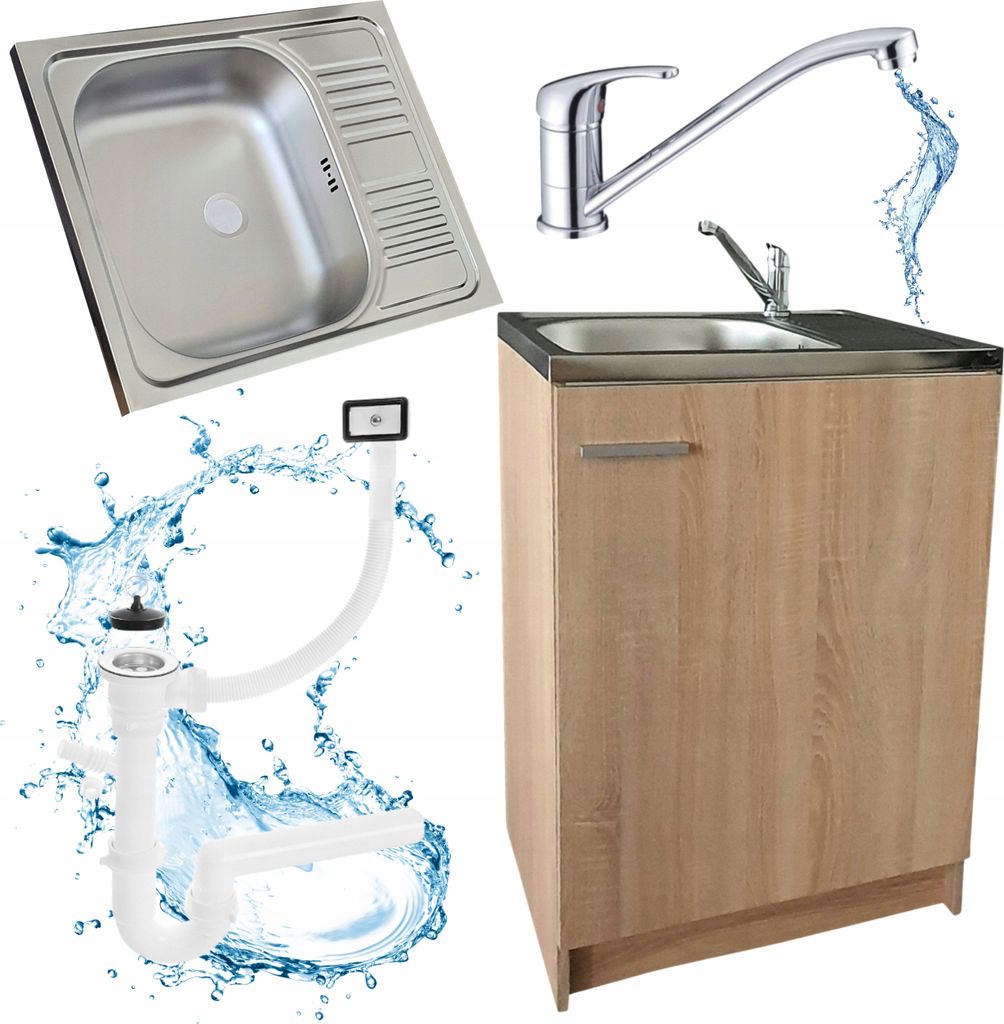 A collage of kitchen sink components and a cabinet.