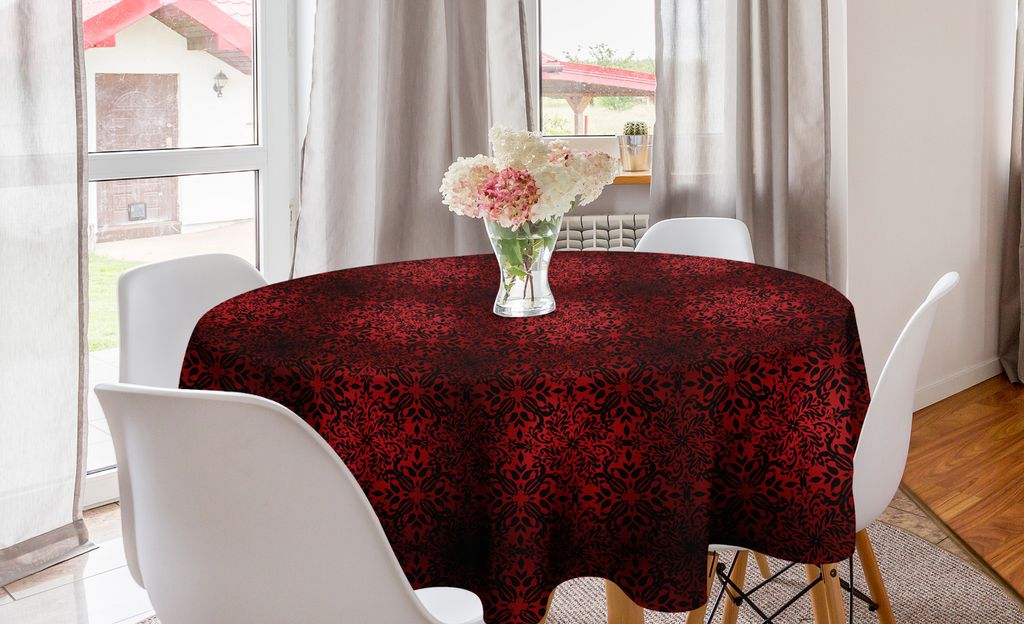 ABAKUHAUS rot schwarz Runde Tischdecke, Orient Blumen Blätter, Kreis Tischdecke Abdeckung für Esszimmer Küche Dekoration, 150 cm, Vermilion Schwarz