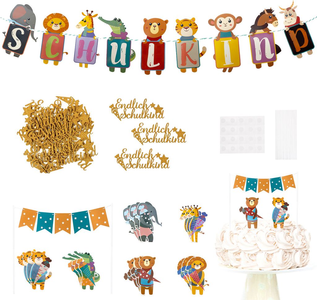 Oblique Unique Schuleinführung Schulanfang Einschulung Deko Set - Schulkind Girlande + Torten Topper + Schulkind Konfetti
