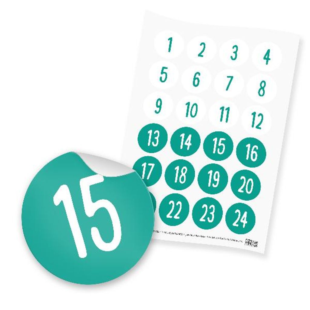 itenga 24x Zahlensticker Z34 Schlicht 1-24 Türkis / Weiß