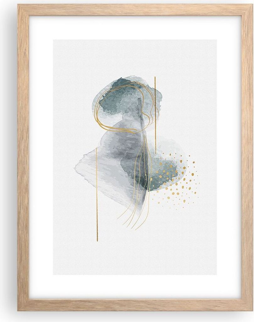 Gerahmtes Poster - Rahmen in heller Eiche - Aquarell Flecken Gold - 30x40 cm - Wand Bild - Wanddeko - Wandbilder - Kunstposter - Wandposter - Bilde...