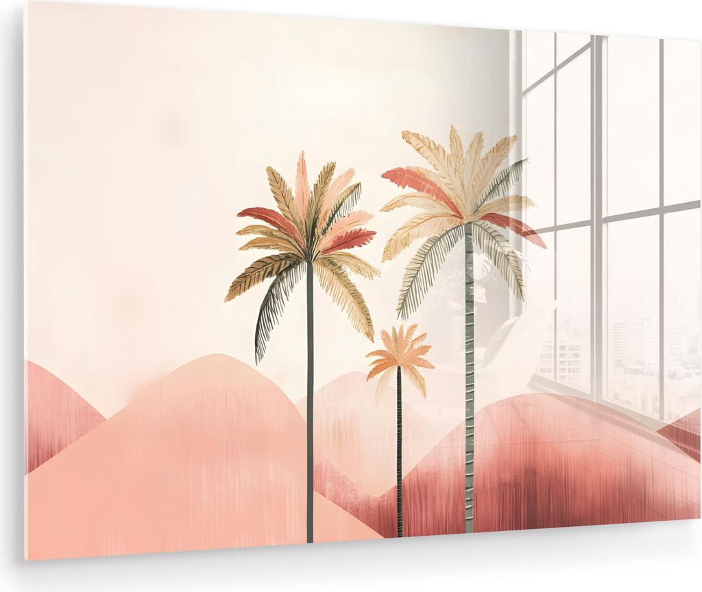 MuchoWow Glasbilder - Bilder auf Wandbild - Foto auf Glas Palmen - Hügel - Minimalistisch - Zartrosa 90x60 cm Wanddekoration aus Glas - Acrylglasb...