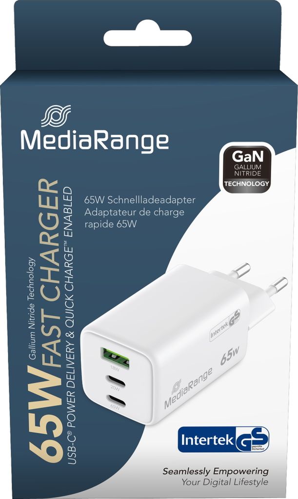 MediaRange Ladegerät 65W 3-Port 1x USB-A/2x USB-C GaN, weiß Produktbild 