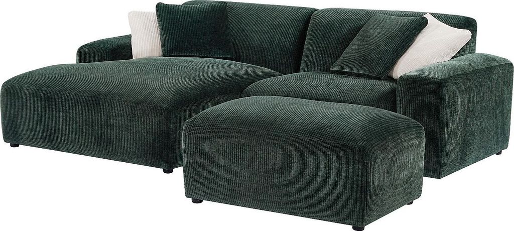 Linksseitiges Ecksofa und Hocker mit Cordbezug in der Farbe Flaschengrün „TIRONO“ der Marke Maison Céphy