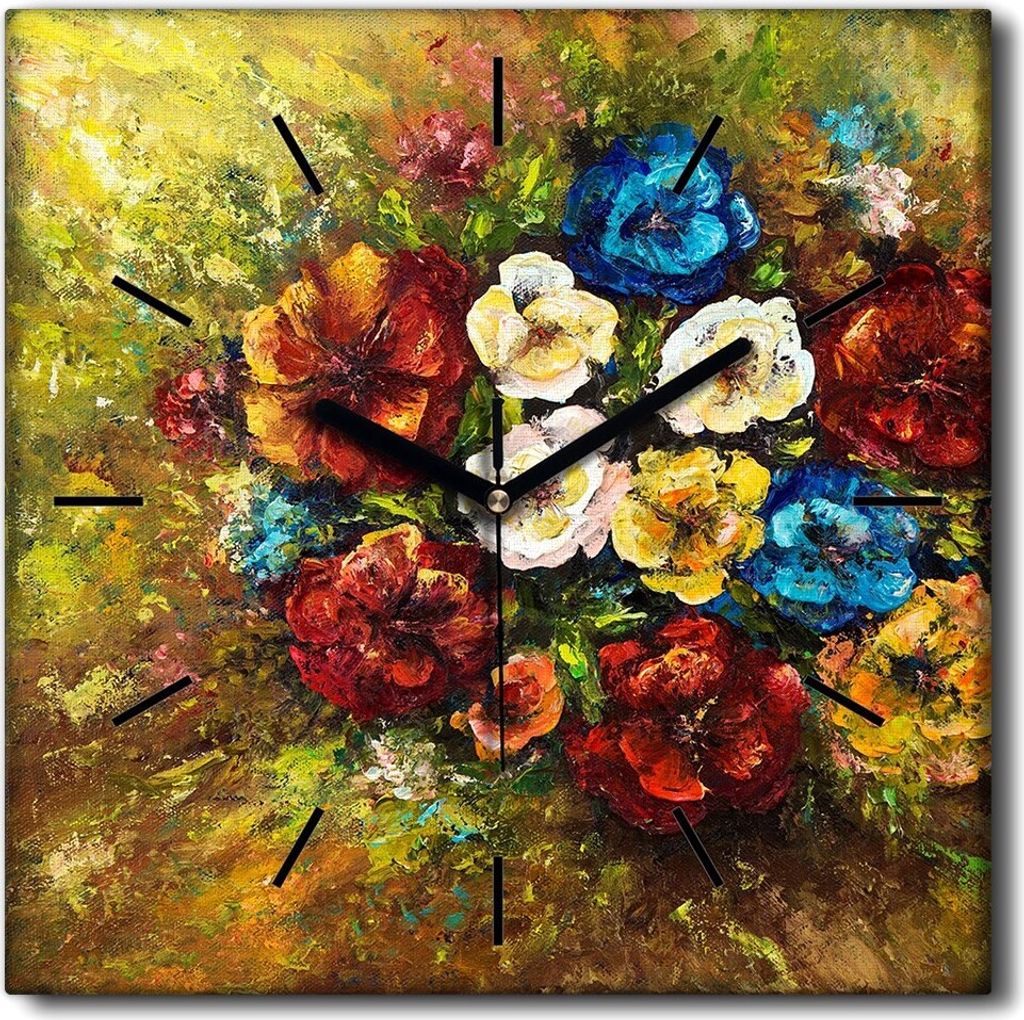 Coloray Uhr auf Leinwand 30x30 cm Wand Uhr Dekoration Wohnzimmer Segeltuch schwarze Hände -Blumen. Blumenstrauß von Pflanzen