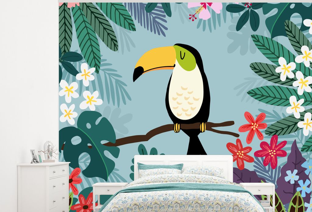 MuchoWow Fototapete für Wohnzimmer oder Schlafzimmer Wandtapete Vinyl Motivtapete Tukan - Pflanzen - Kinder - Tiere - Kinder - 375x300 cm - Tape...