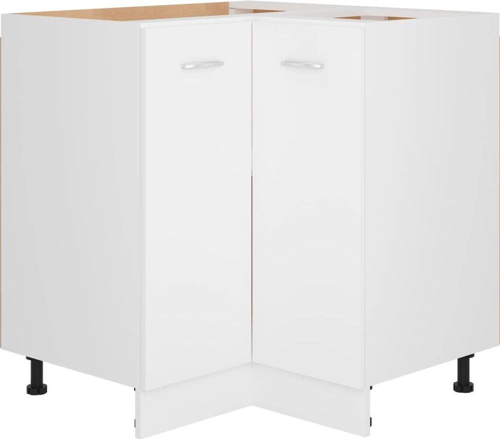 A white corner kitchen cabinet with two doors and black legs, shown against a white background.