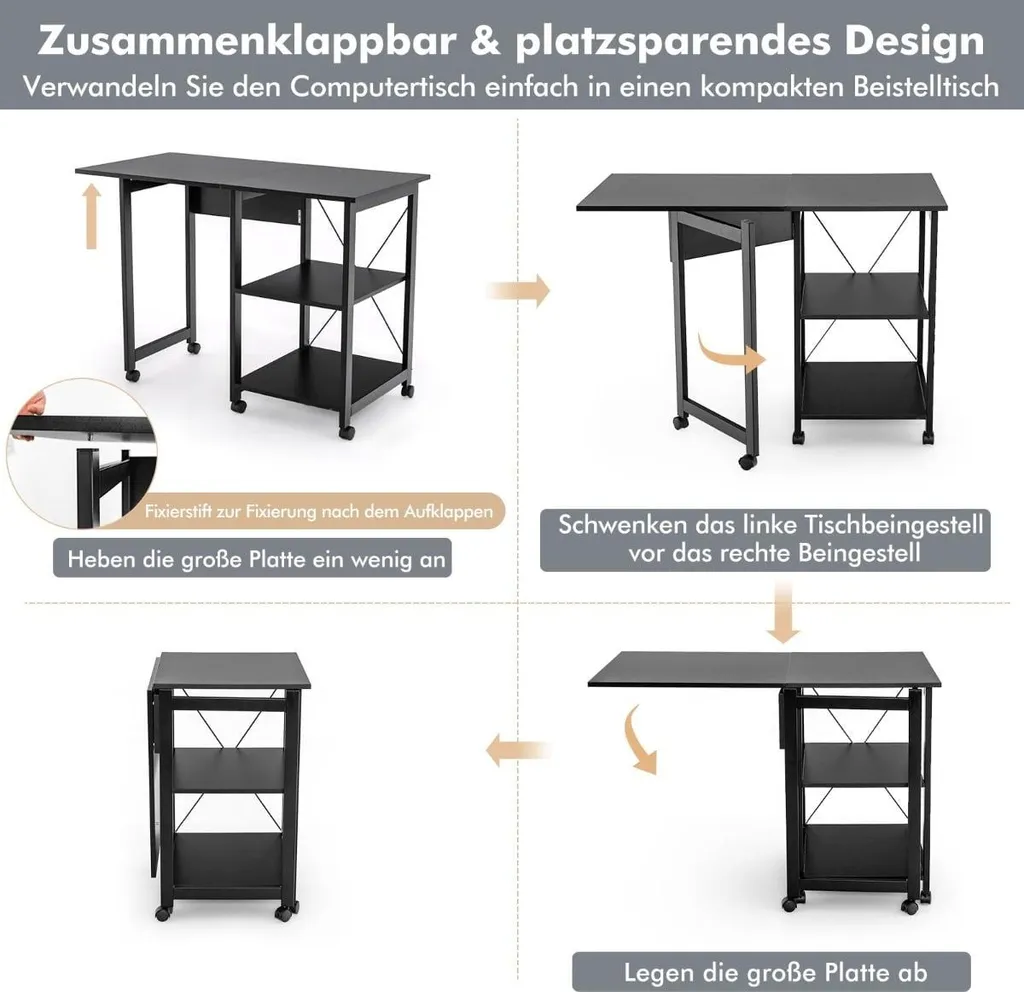 Bureau pliable à roulettes noir avec étagères de rangement multiniveaux
