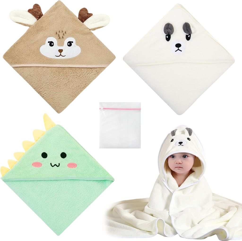 3-teiliges Baby-Badetuch-Set mit Kapuze, super saugfähigen Handtüchern und Bademänteln mit Wäschesack, Babyhandtuch 0-5 Jahre (80 x 80 cm)