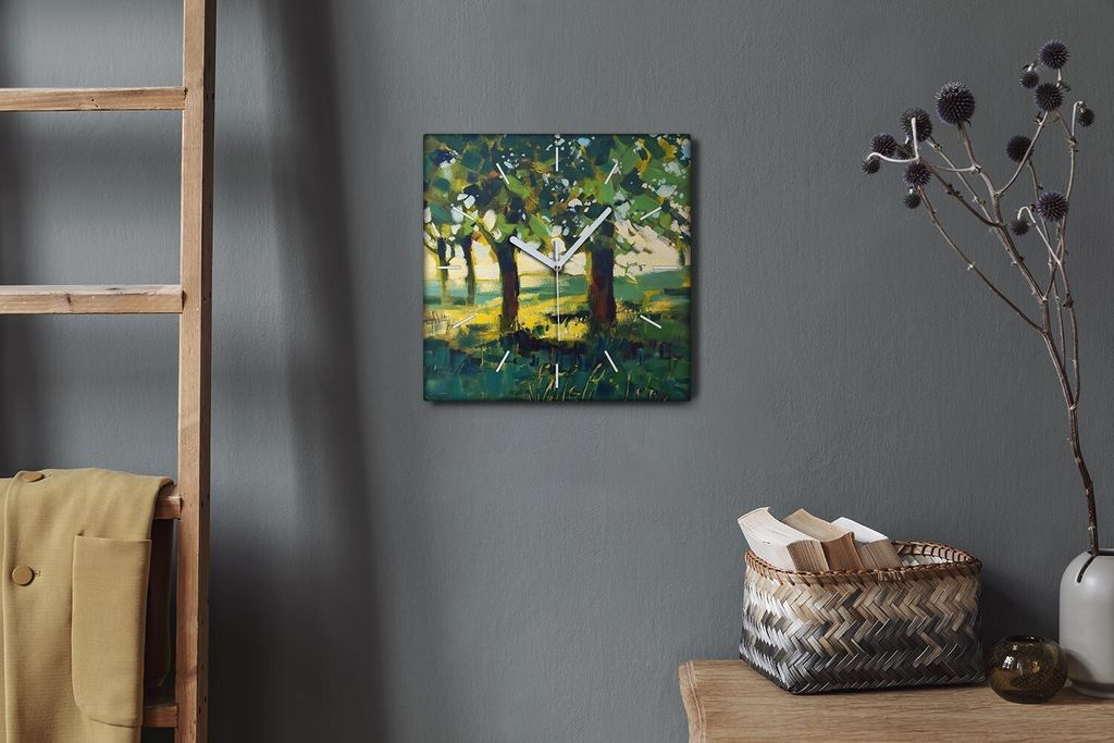 Coloray Hodiny Unikátní 30x30 cm Tiché hodiny Pro obývací pokoj a kuchyň Nástěnné hodiny Plátno Bílé ručičky hodin - Travní stromy