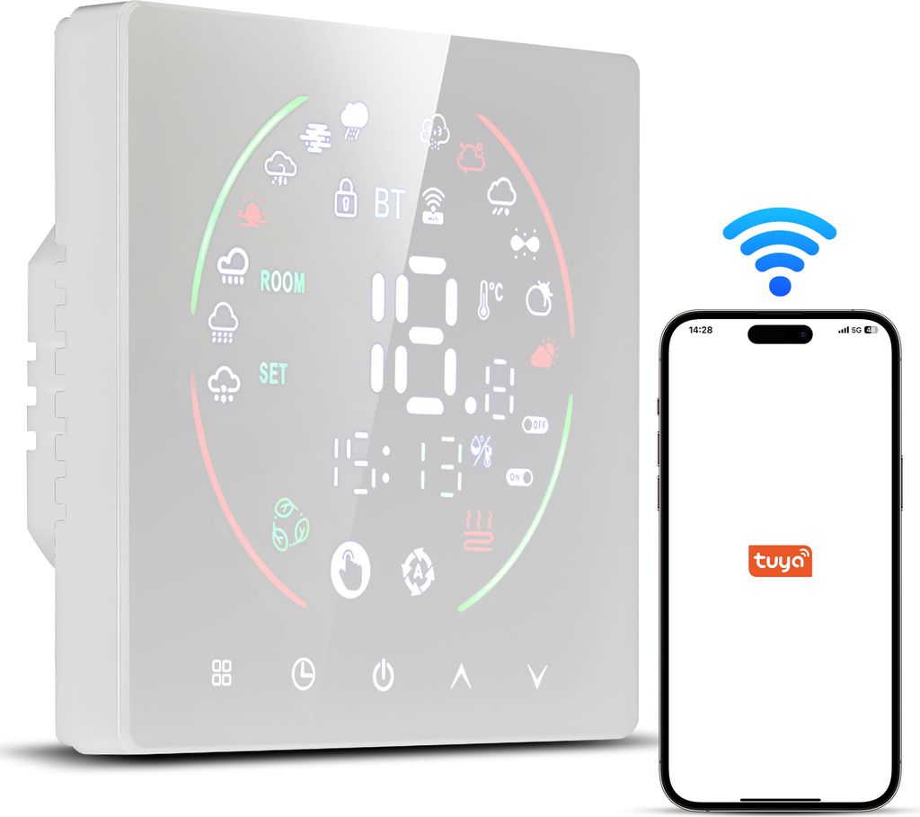 8x Smart Tuya WiFi Thermostat Raumthermostat fuer 16A Elektrische Heizung Fussbodenheizung,Programmierbarer Temperaturregler LCD Wandthermostat, Weiss