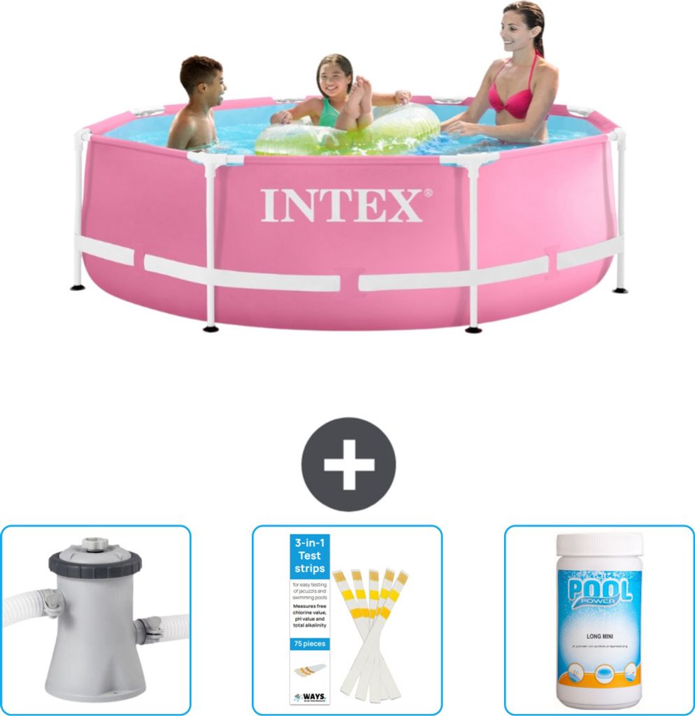 Intex-Schwimmbecken mit rundem Rahmen – 244 x 76 cm – Rosa – im Lieferumfang enthalten Filterpumpe für Schwimmbad - Teststreifen - Chlor