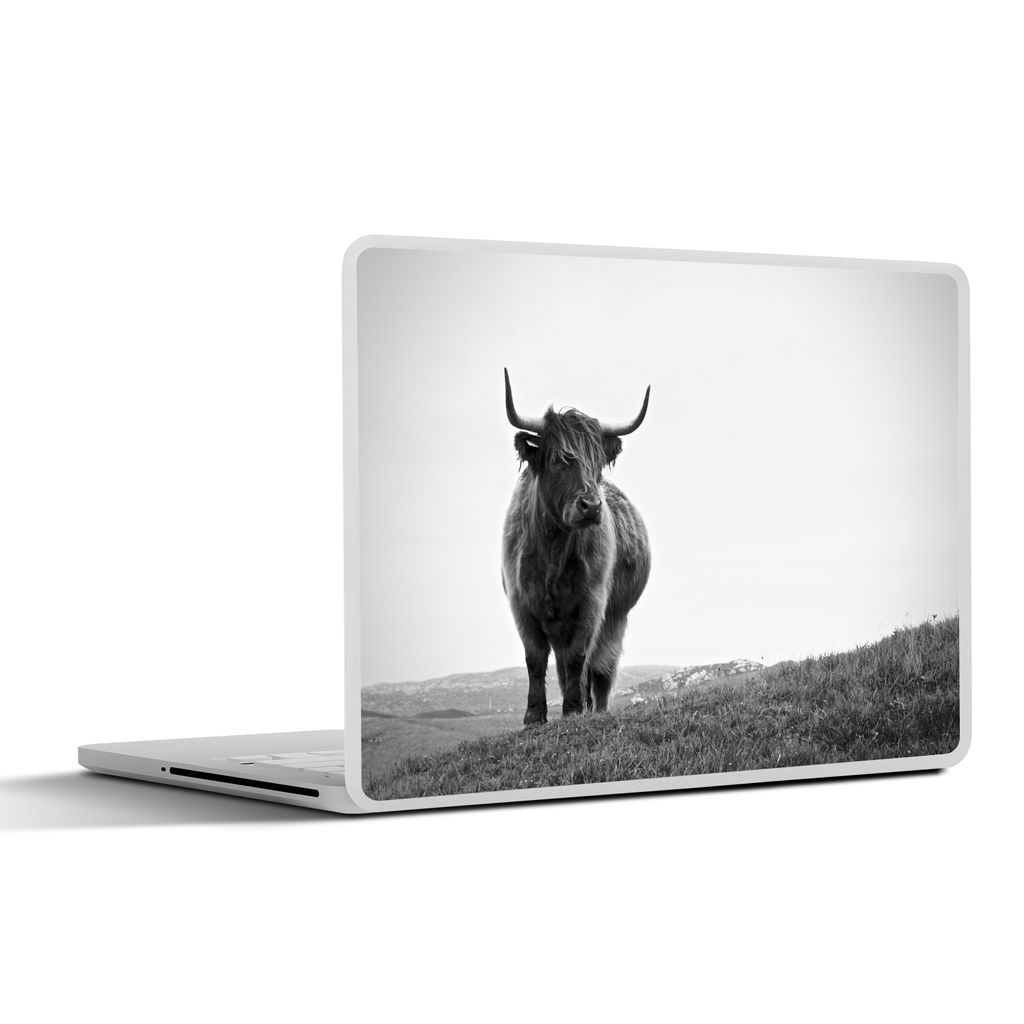 MuchoWow Laptop Aufkleber Sticker Cover Tiere - Schottische Hochlandbewohner - Schwarz und weiß - Natur - Ländlich 31x22.5 cm - Laptop-Deko